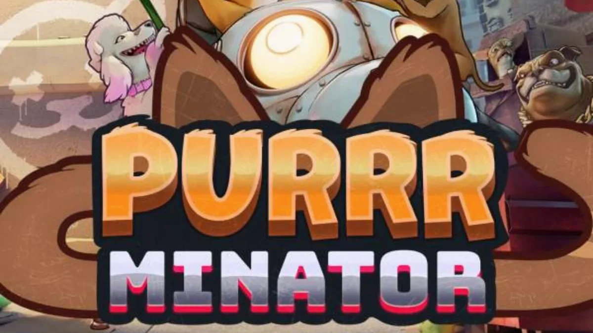 Tampilan visual slot Purrrminator Dream Drop dengan latar belakang gang futuristik dan karakter kucing robot.