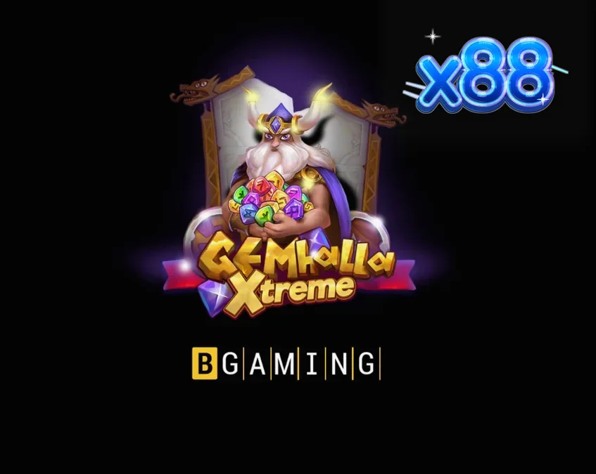 Thor berdiri di samping kisi-kisi permainan slot Gemhalla Xtreme dengan latar belakang hutan ajaib.